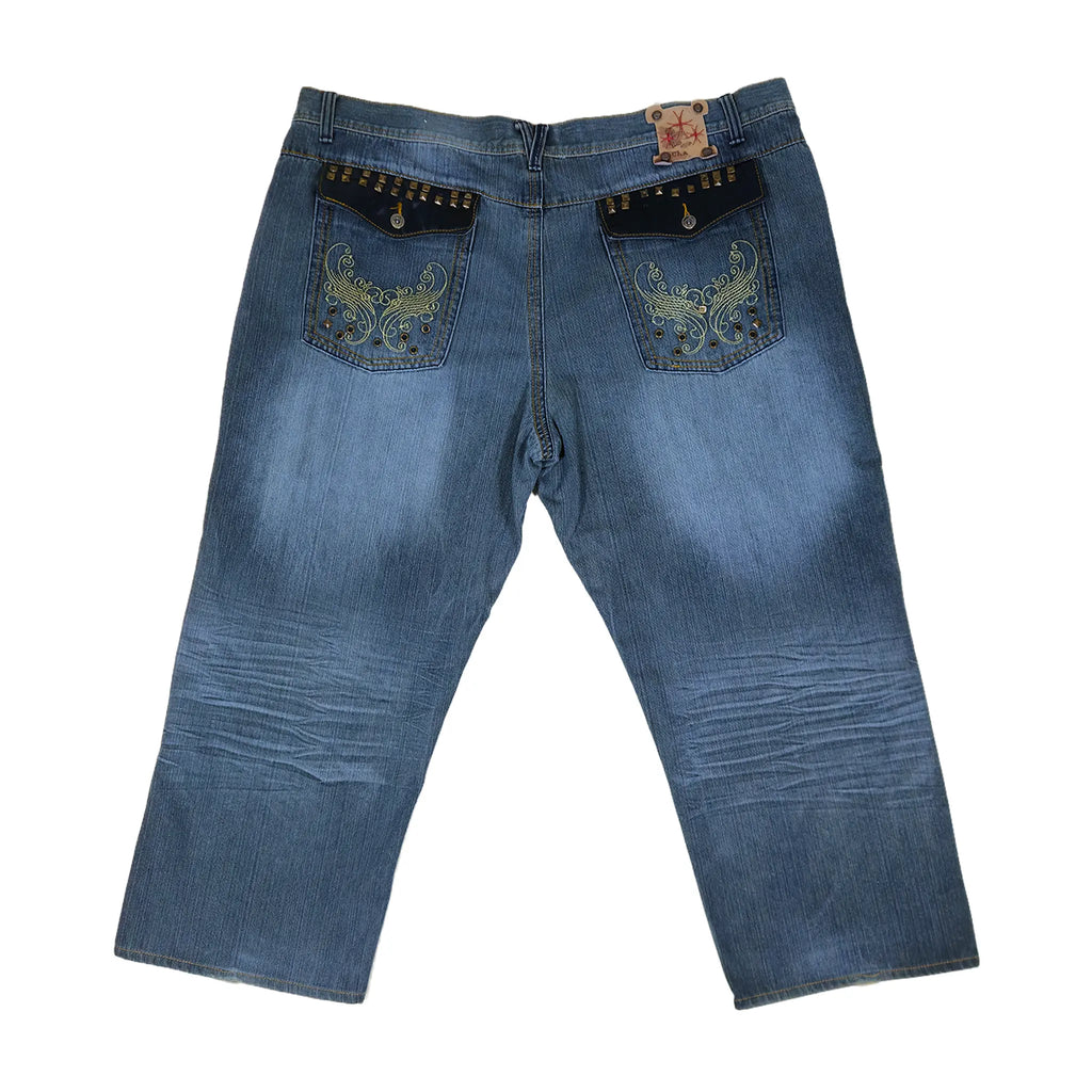 Vintage Y2K Chams Jeans Co. Heavily Studded & Embroidered Plus-Size Cropped Baggy Jeans