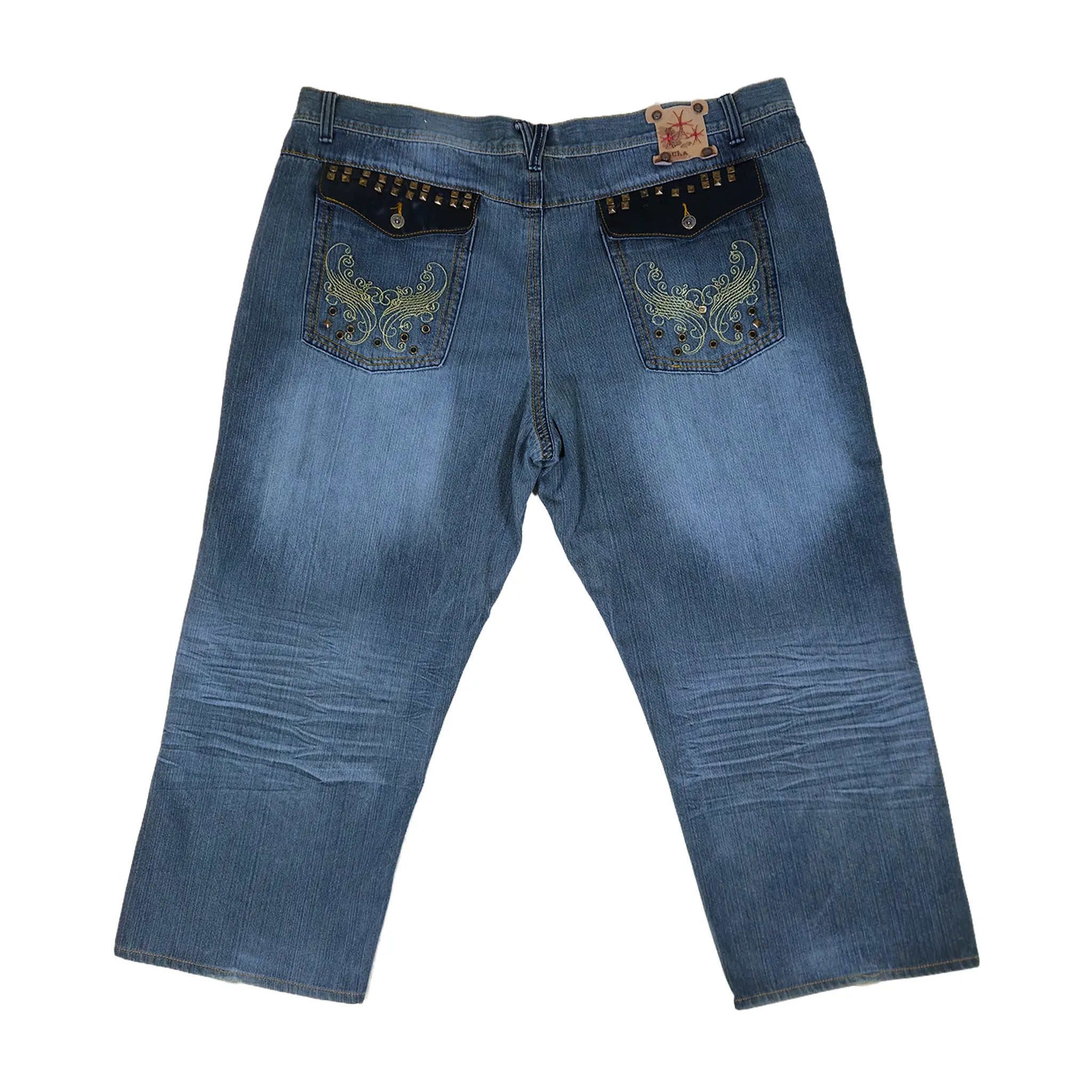 Vintage Y2K Chams Jeans Co. Heavily Studded & Embroidered Plus-Size Cropped Baggy Jeans