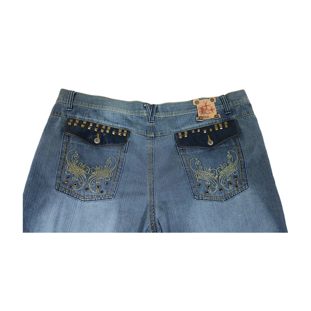 Vintage Y2K Chams Jeans Co. Heavily Studded & Embroidered Plus-Size Cropped Baggy Jeans