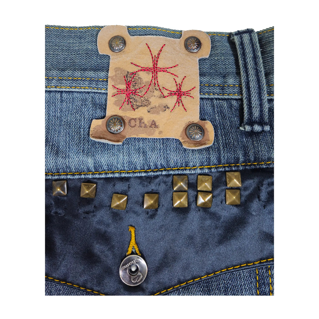 Vintage Y2K Chams Jeans Co. Heavily Studded & Embroidered Plus-Size Cropped Baggy Jeans